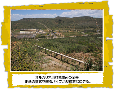 オルカリア地熱発電所の全景。 地熱の蒸気を運ぶパイプが縦横無尽に走る。