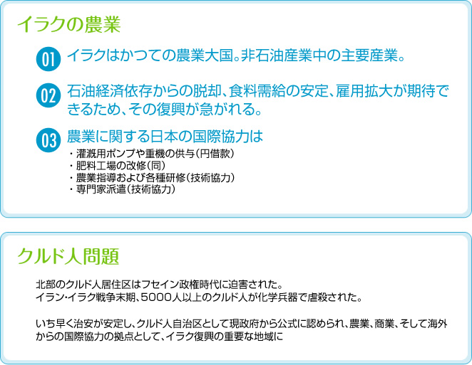 イラクの農業 01.イラクはかつての農業大国。非石油産業中の主要産業。 02石油経済依存からの脱却、食料需給の安定、雇用拡大が期待できるため、その復興が急がれる。 03.農業に関する日本の国際協力は ・ 灌漑用ポンプや重機の供与(円借款) ・ 肥料工場の改修(同) ・ 農業指導および各種研修(技術協力) ・ 専門家派遣(技術協力) クルド人問題 北部のクルド人居住区はフセイン政権時代に迫害された。 イラン・イラク戦争末期、5000人以上のクルド人が化学兵器で虐殺された。 いち早く治安が安定し、クルド人自治区として現政府から公式に認められ、農業、商業、そして海外からの国際協力の拠点として、イラク復興の重要な地域に