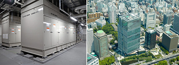 (左)停電時にも電力供給できるよう非常用発電機のほかガスコージェネ2台を導入した(右)旧グランドプリンスホテル赤坂の跡地に誕生した「東京ガーデンテラス紀尾井町」