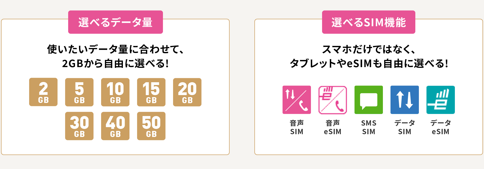 選べるデータ量 選べるSIM機能