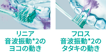 画像：リニア波振動*2のヨコの動き、フロス音波振動*2のタタキの動き