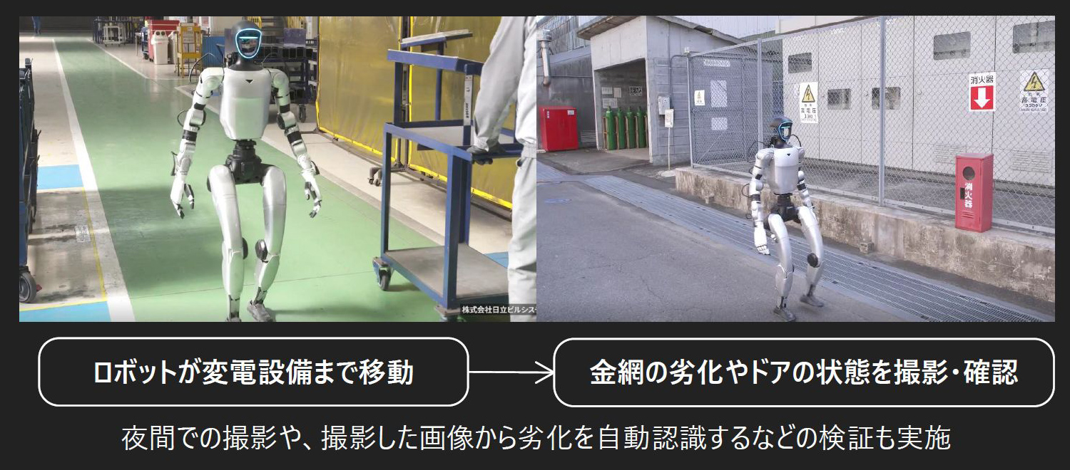 ロボットが変電設備まで移動→金網の劣化やドアの状態を撮影・確認 夜間での撮影や、撮影した画像から劣化を自動認識するなどの検証も実施