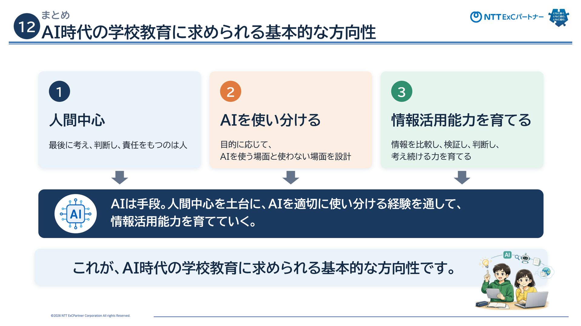 AIは手段であり、人間中心を土台に、AIを適切に使い分ける経験を通して情報活用能力を育てていくことが、AI時代の学校教育に求められる方向性だ