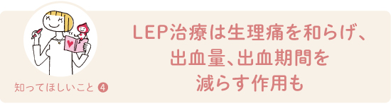 LEP治療は生理痛を和らげ、血量、出血期間を減らす作用も