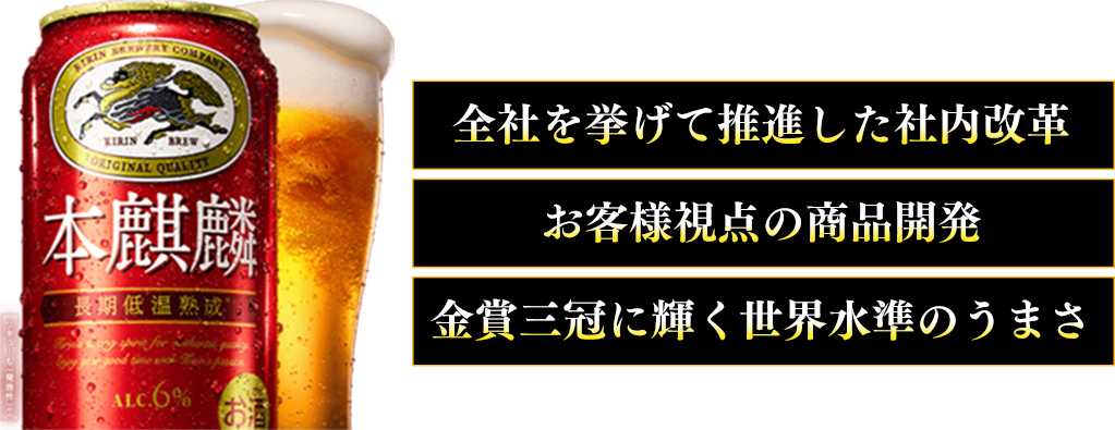 1.全社を挙げて推進した社内改革 2.お客様視点の商品開発 3.金賞三冠に輝く世界水準のうまさ