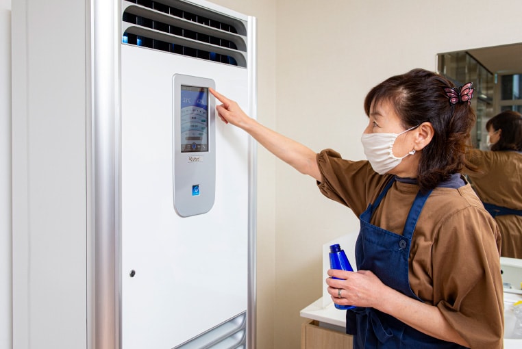 空気環境整備に加え除菌水としても活用早苗寮でのピュアウォッシャー活用方法