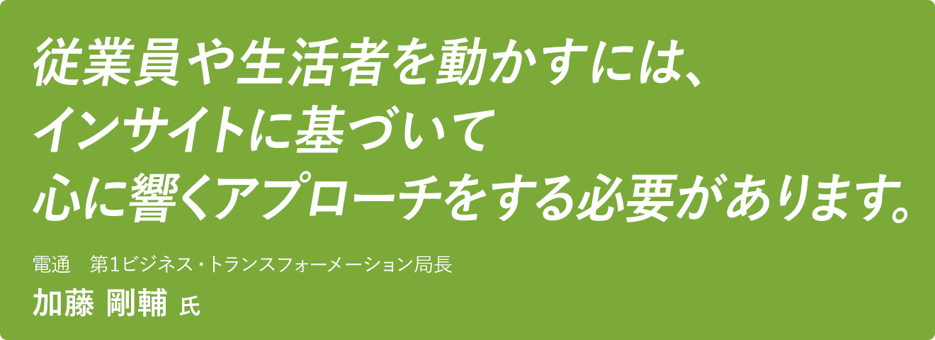 「従業員や生活者を動かすには、インサイトに基づいて心に響くアプローチをする必要があります。」電通　加藤 剛輔 氏