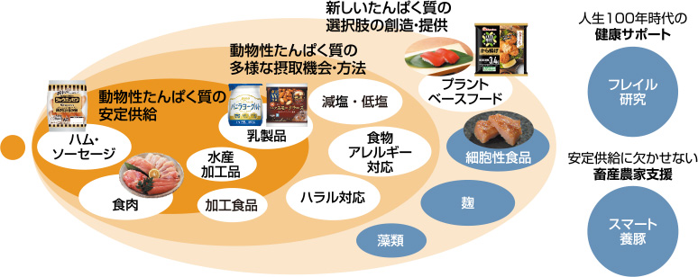 図:動物性たんぱく質の安定供給、多様な摂取機会・方法、選択肢の創造・提供。人生100年時代の健康サポート、安定供給に欠かせない畜産農家支援。