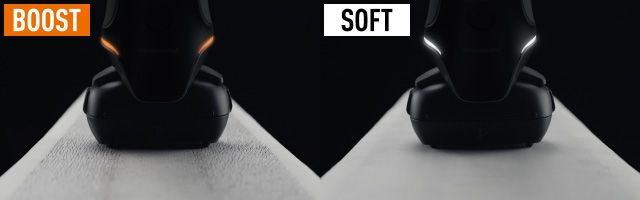 写真：「BOOST」モード時はオレンジ色、「SOFT」モード時は白く光る