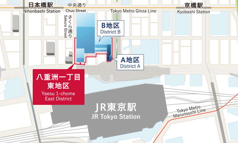 地図:JR東京駅東側、八重洲一丁目東地区