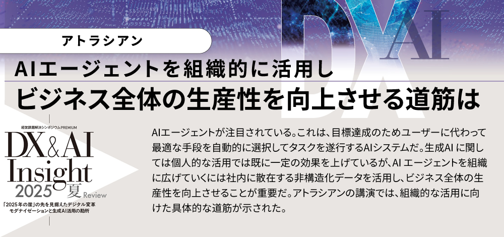 AIエージェントを組織的に活用しビジネス全体の生産性を向上させる道筋は AIエージェントが注目されている。これは、目標達成のためユーザーに代わって最適な手段を自動的に選択してタスクを遂行するAIシステムだ。生成AI に関しては個人的な活用では既に一定の効果を上げているが、AI エージェントを組織に広げていくには社内に散在する非構造化データを活用し、ビジネス全体の生産性を向上させることが重要だ。アトラシアンの講演では、組織的な活用に向けた具体的な道筋が示された。