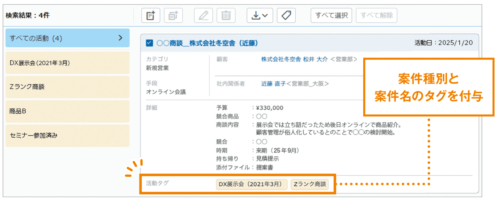 「活動記録」機能画面例:案件種別と案件名のタグを付与
