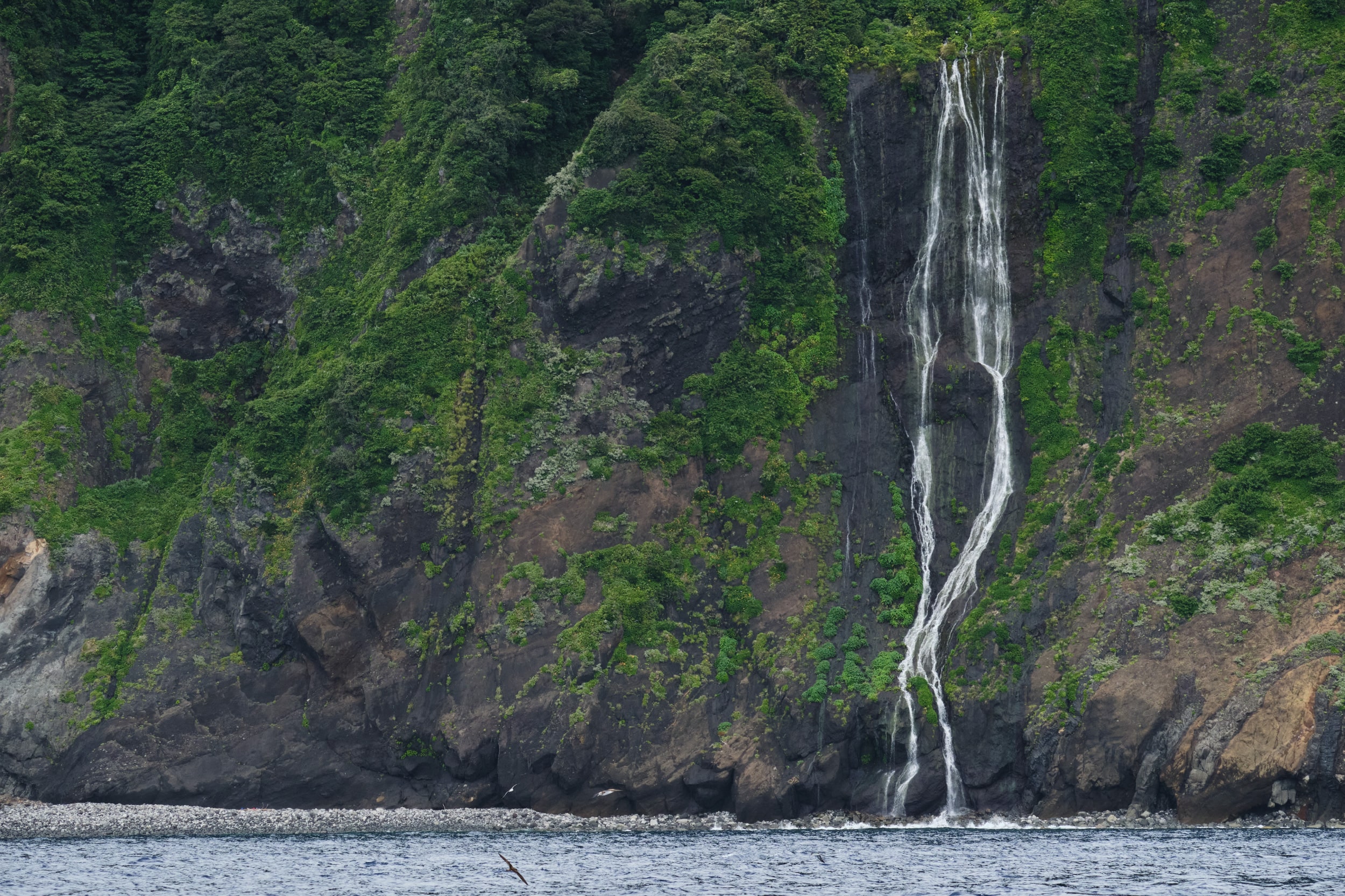 断崖から海に流れ込む滝
