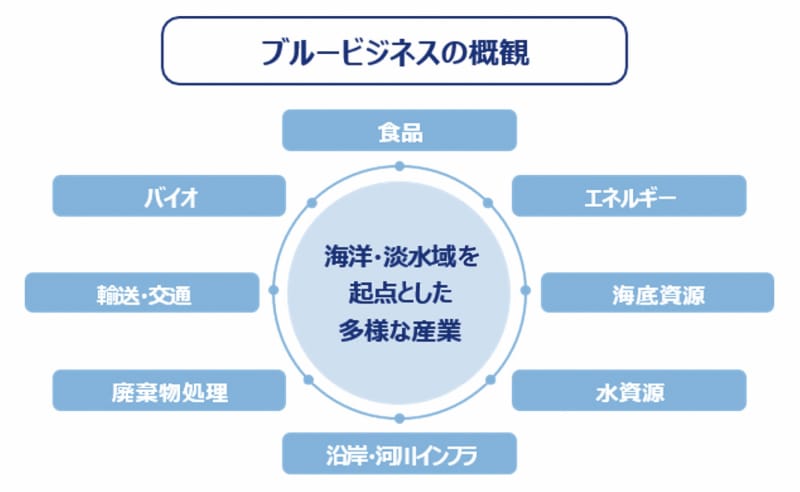 食品、エネルギー、海底資源、水資源、沿岸・河川インフラ、廃棄物処理、輸送・交通、バイオなど海洋・淡水域を起点とした多様な産業